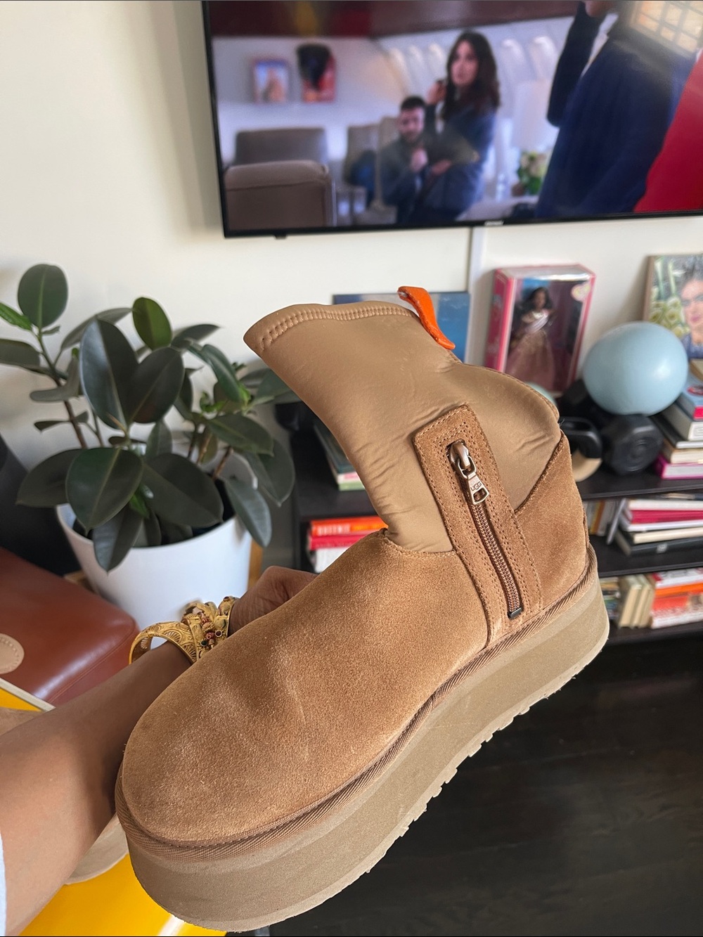 UGG Chestnut Suede Platform Ankle Boot with Orange Pull Tab